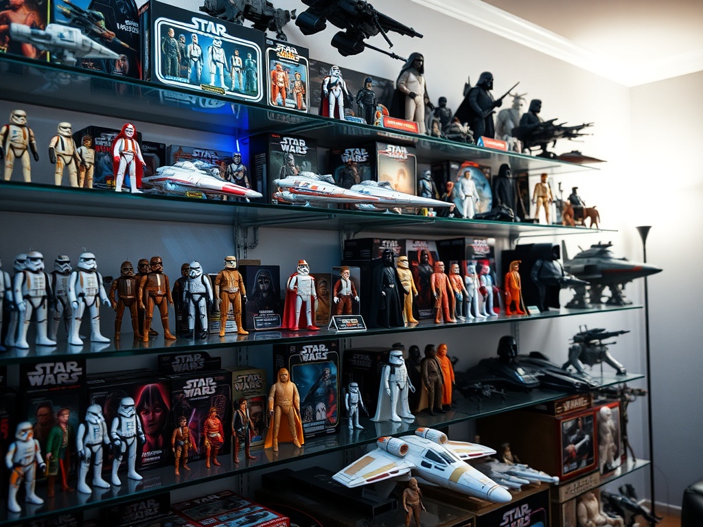 vivid description of a collector's display featuring a variety of Star Wars toys including action figures and model ships, arranged neatly on shelves with some lighting accents