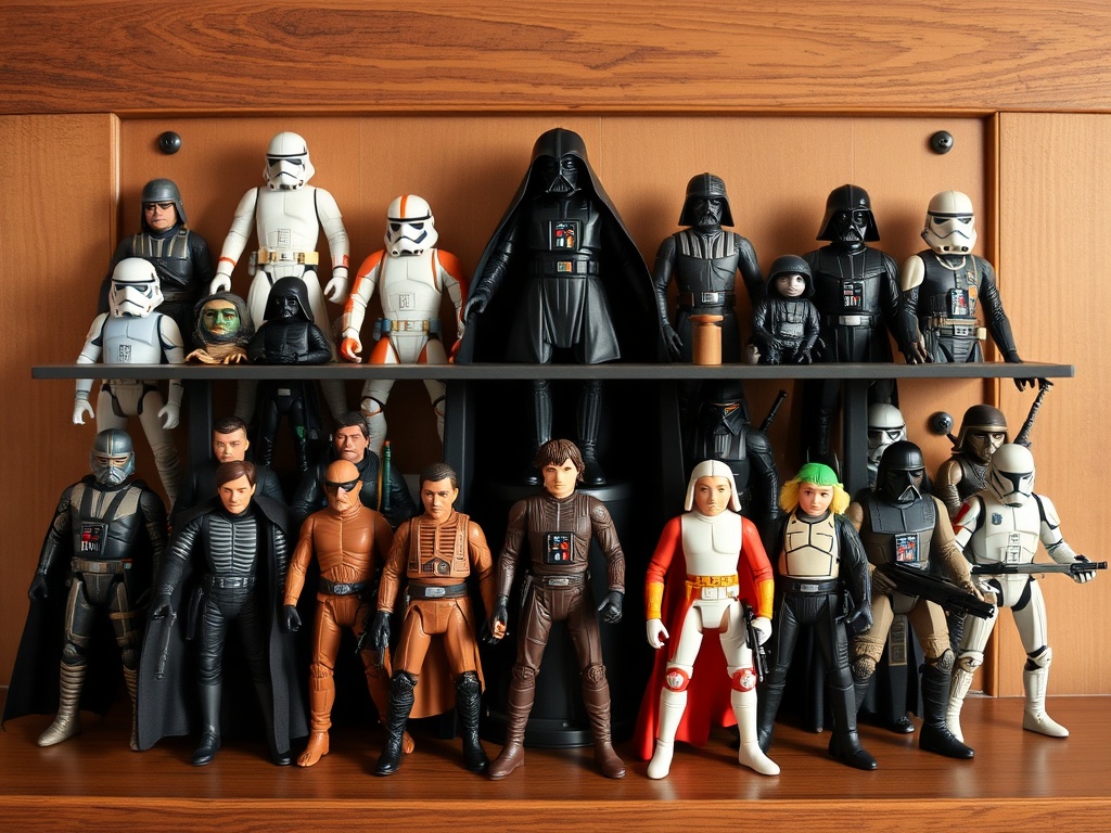 vivid description of Star Wars action figures neatly arranged by movie series and character groupings