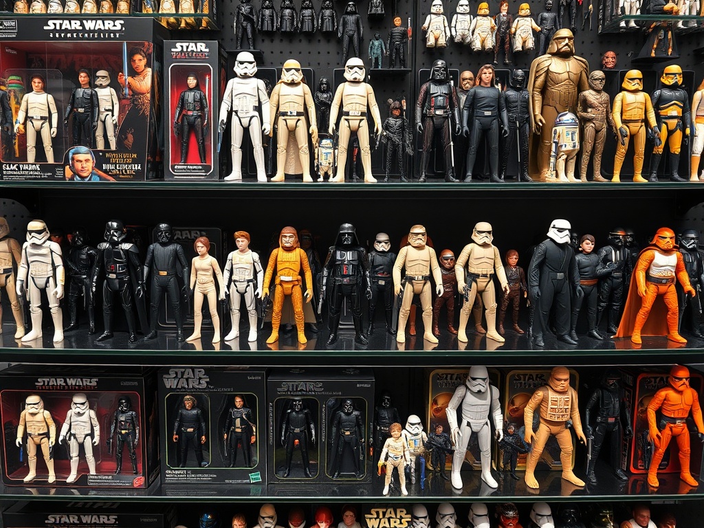 a detailed display of Star Wars action figure lines including Black Series, Vintage Collection, and retro Kenner style figures arranged on shelves