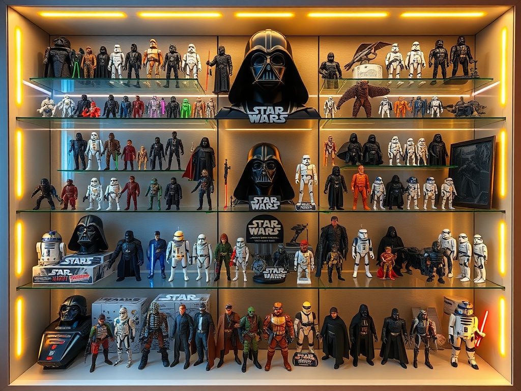 beautifully organized Star Wars action figure collection display with themed shelves and lighting