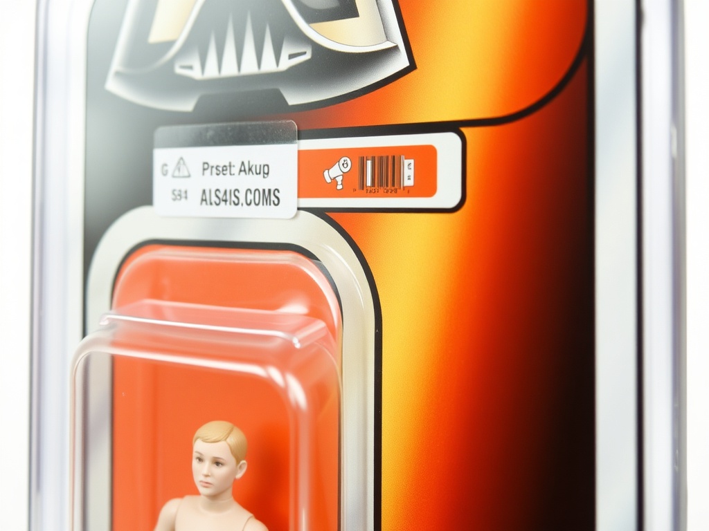 close-up of rare Star Wars action figure packaging mint on card with price tag and grading case