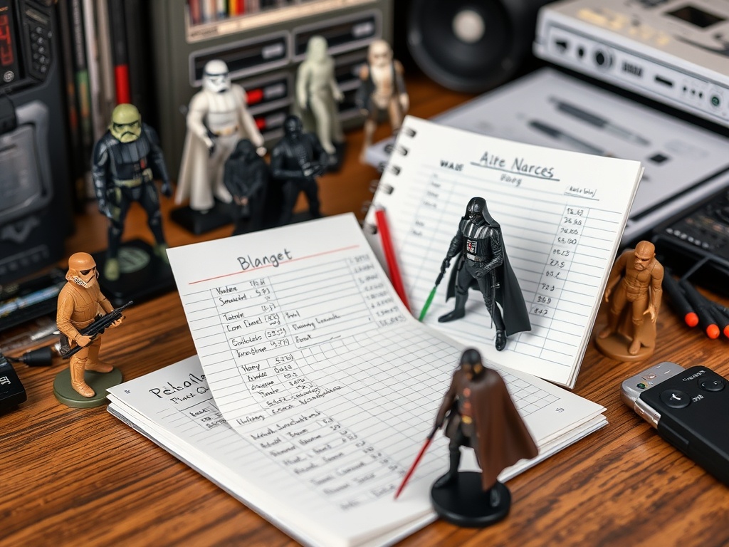 collector planning purchases with notebook budget and Star Wars figures on desk