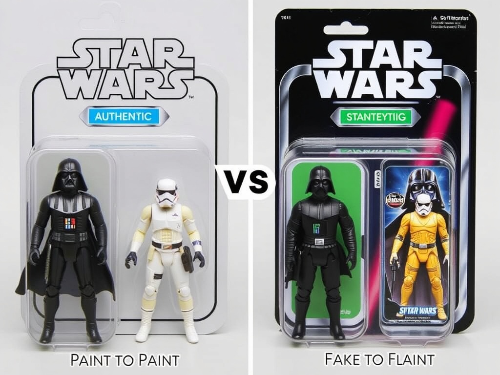 comparison of authentic vs fake Star Wars action figures highlighting paint differences and packaging flaws