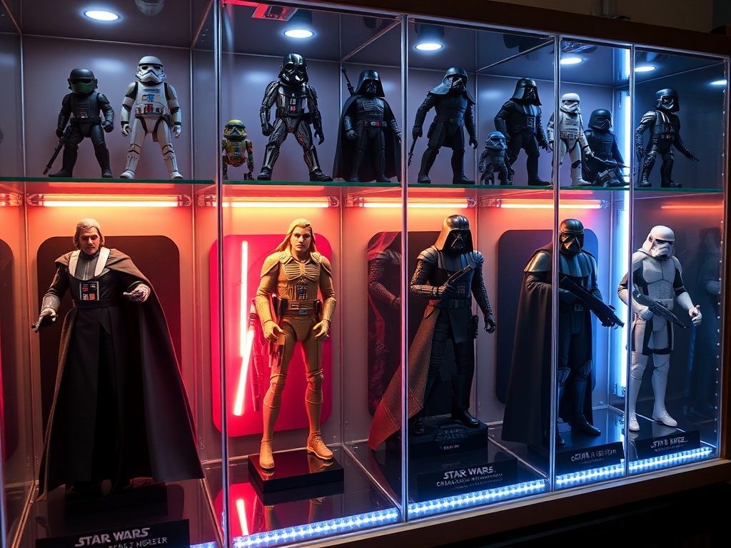 Star Wars action figures displayed in protective cases with LED lighting and dust-free shelves
