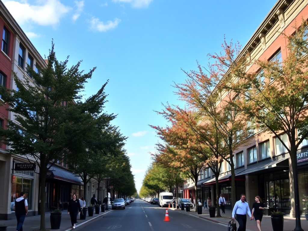 A picturesque street view in downtown St. Catharines with trees and people walking by