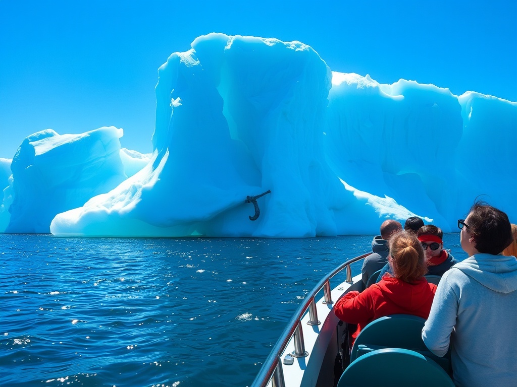 A boat tour with tourists viewing massive icebergs floating in the Atlantic Ocean, with the clear blue sky and sparkling water surrounding the ice formations.
