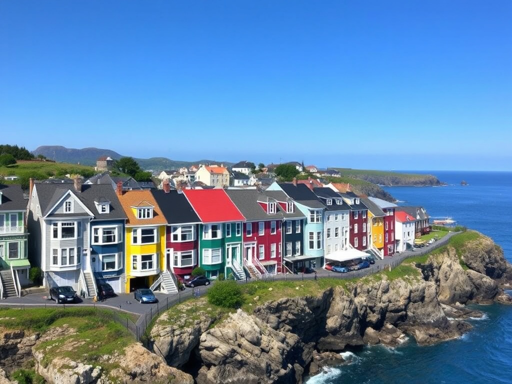 A breathtaking view of the colorful row houses in St. John's, with rugged cliffs and the Atlantic Ocean in the background, showcasing the charm of the city.