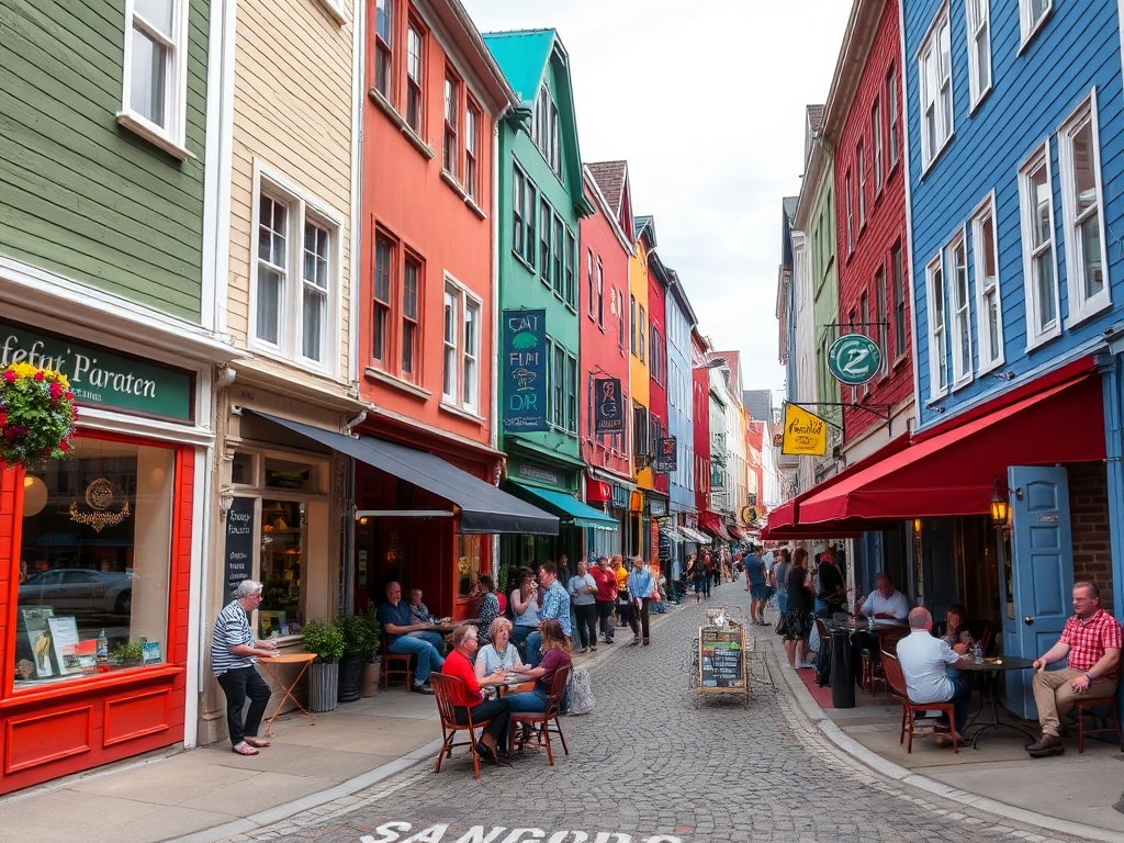 A vibrant street scene in downtown St. John's, with cobblestone roads, colorful buildings, and people enjoying the lively atmosphere at outdoor patios and shops.