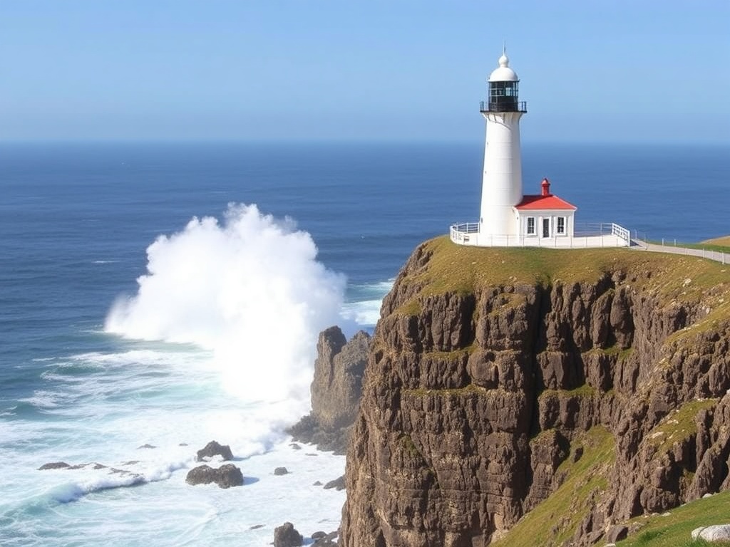 The Cape Spear Lighthouse perched on the rugged cliffs, overlooking the crashing waves of the Atlantic Ocean, with scenic landscapes of cliffs and ocean vistas.