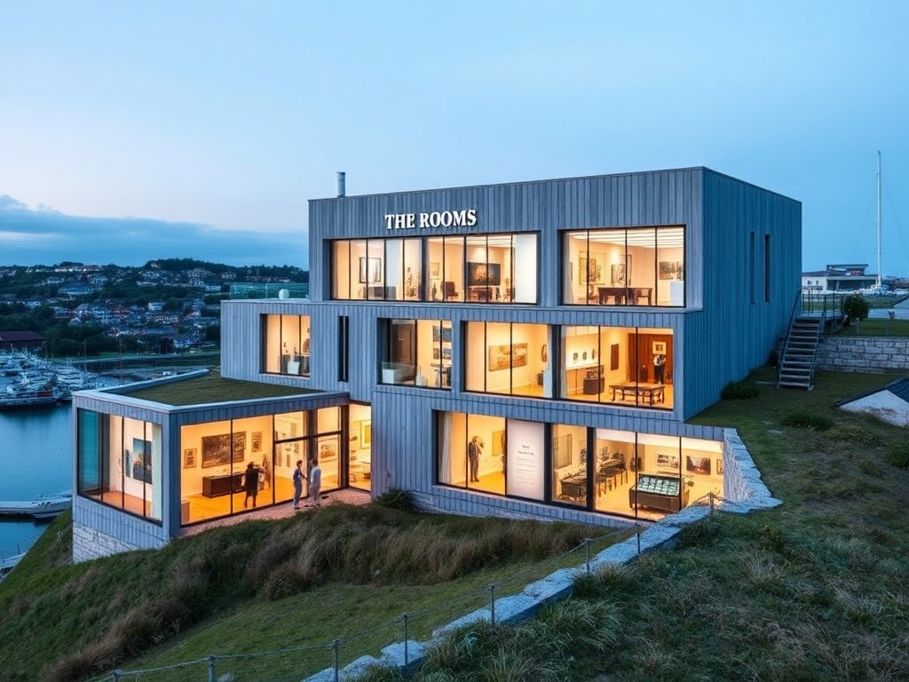 The Rooms, with its modern architectural design, sitting atop a hill with a view of the harbor, filled with art, culture, and history exhibits inside.