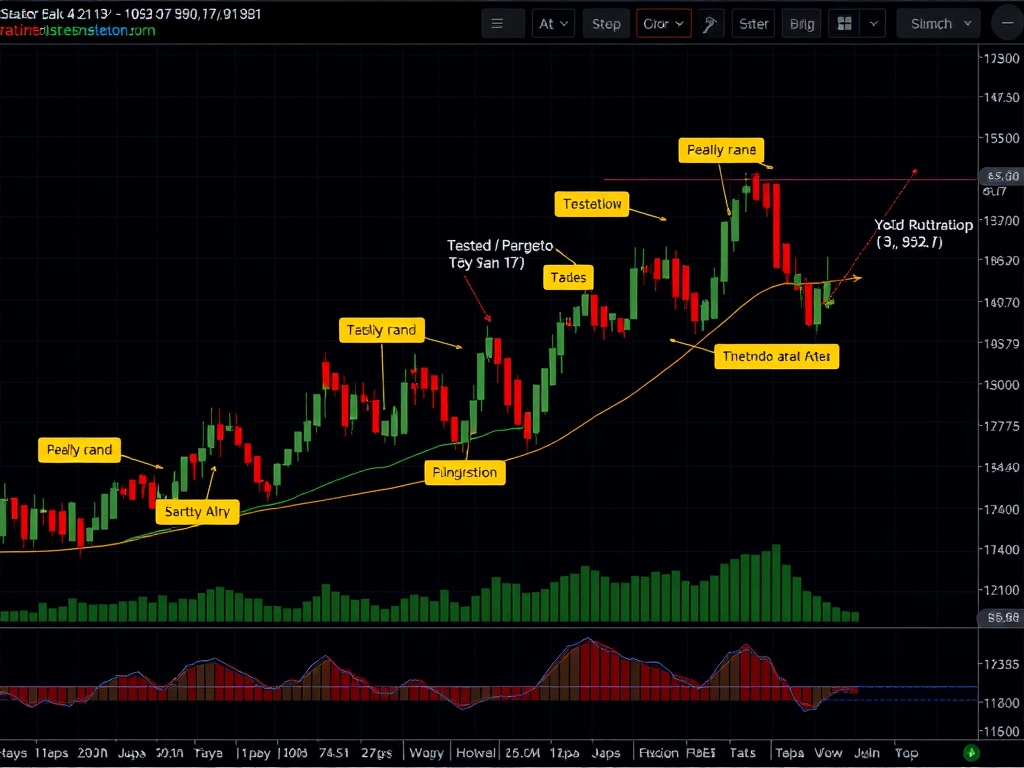 historical stock chart with annotations showing multiple tested trades and performance metrics overlay