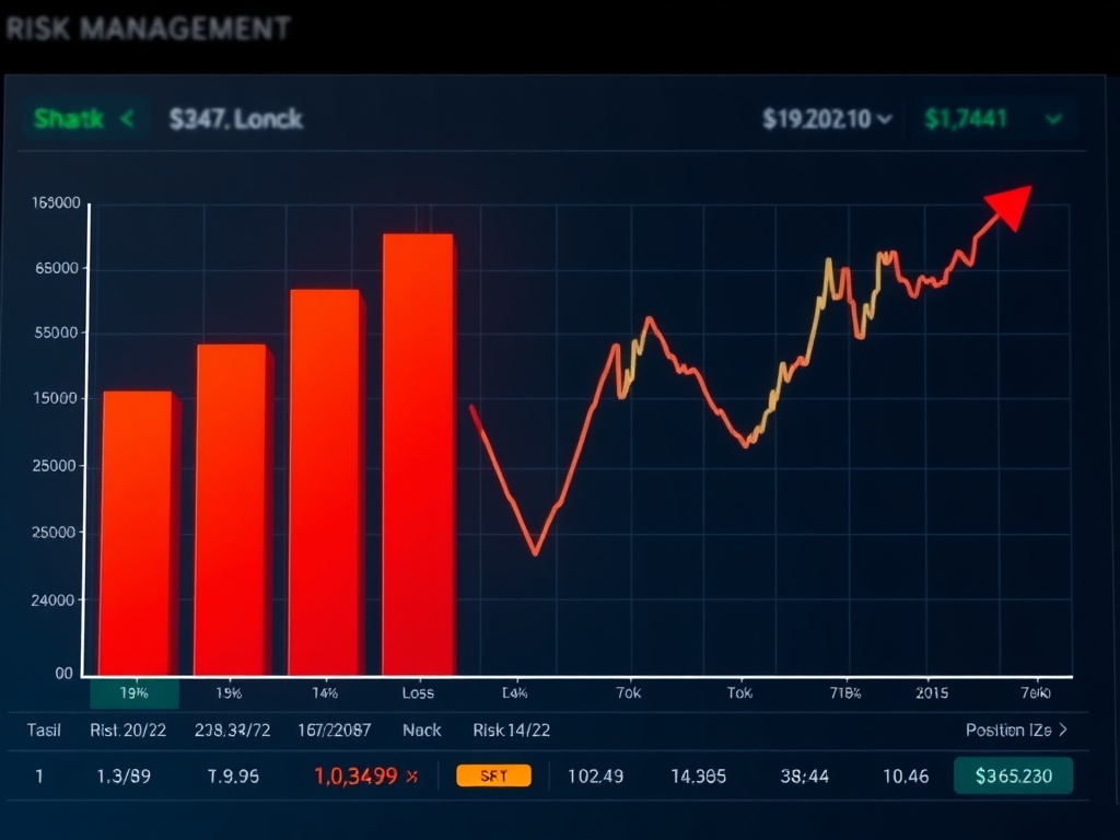 risk management concept visual with shrinking red loss bars and controlled position sizing chart on a trading dashboard