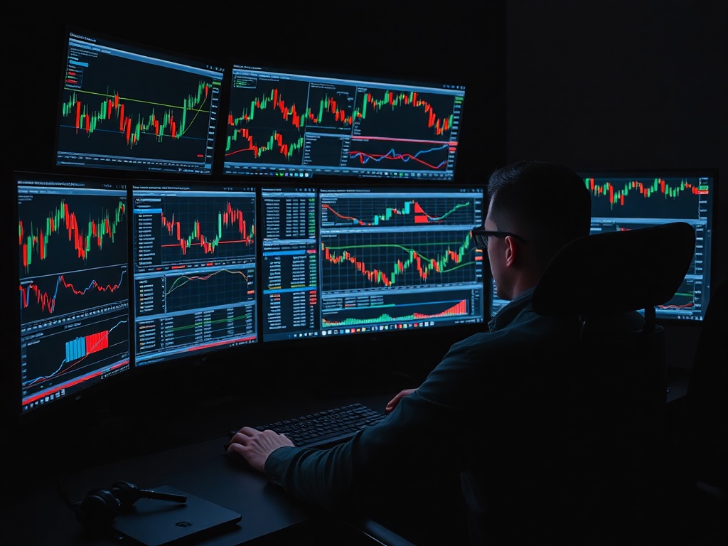 trader analyzing multiple charts across different markets on a sleek multi-monitor setup with candlestick patterns glowing in a dark room