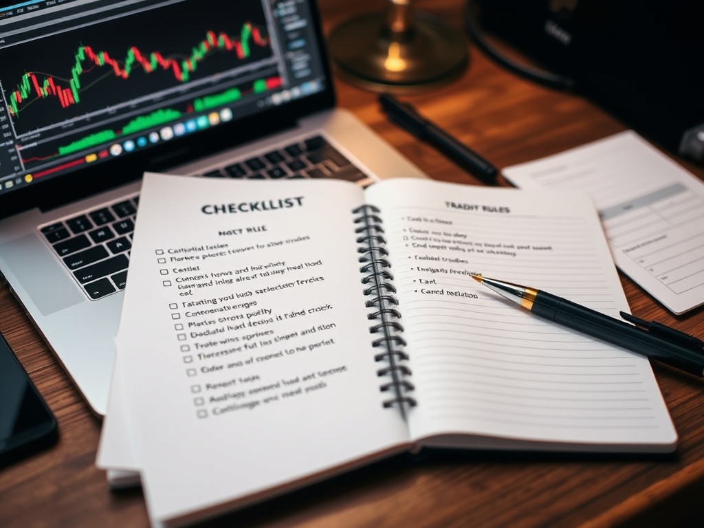 trader checklist on a desk with a laptop showing charts and a notebook with structured trading rules neatly written