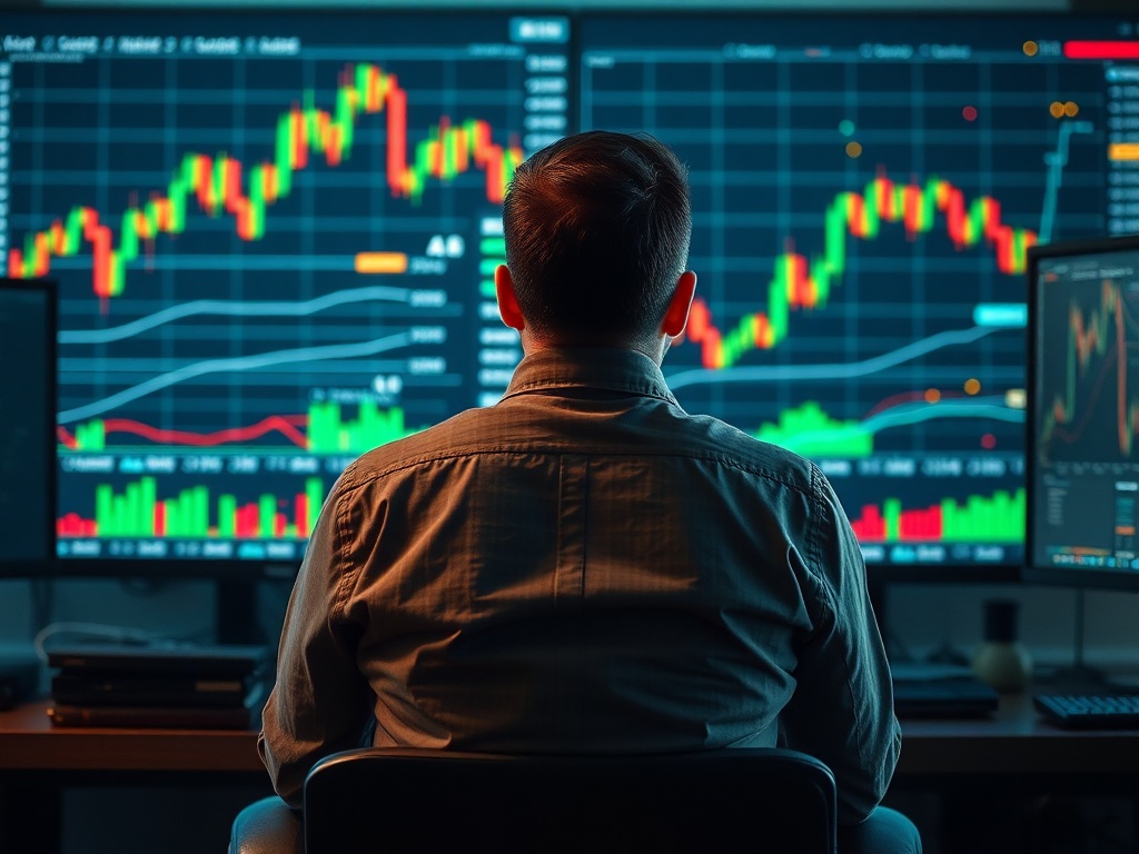 trader sitting calmly in front of charts with a disciplined mindset contrasted against chaotic emotional trading visuals