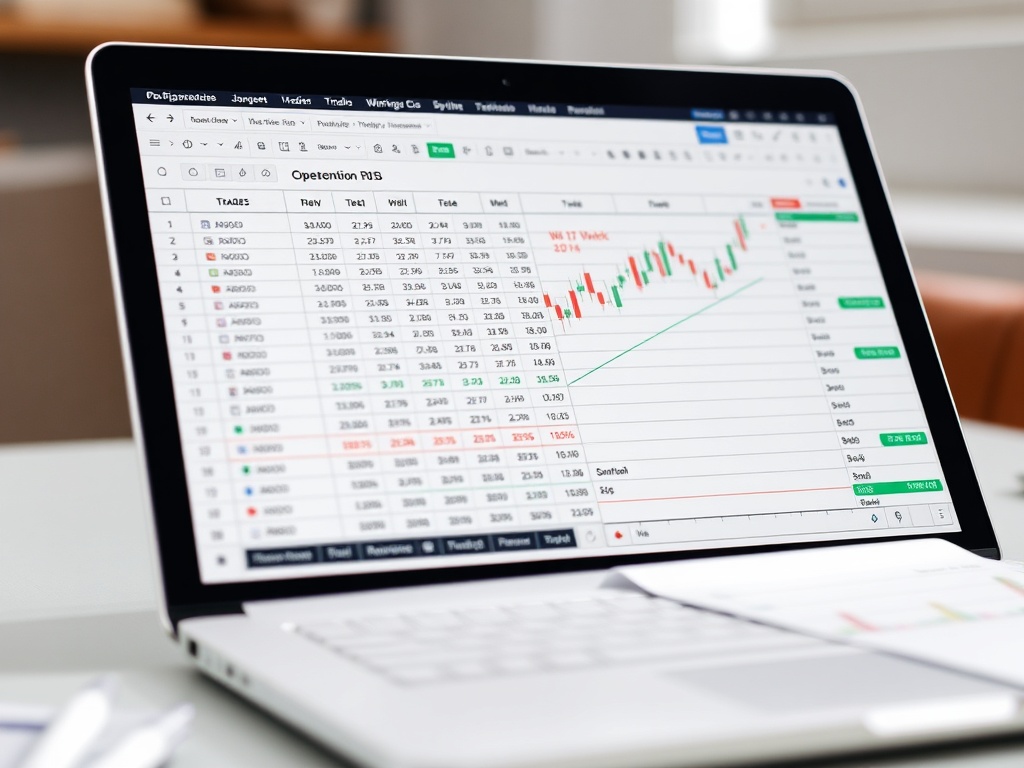 trading journal spreadsheet with performance metrics, win rate graphs, and detailed trade notes displayed on a laptop