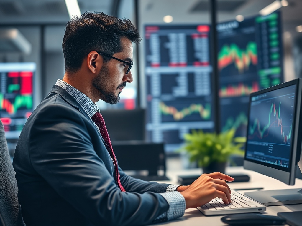 stock trader analyzing data and graphs, showing risk management strategies, in a corporate office setting with modern technology