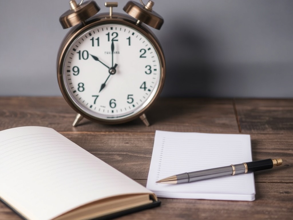 a clock showing 15 minutes, with a journal and pen nearby