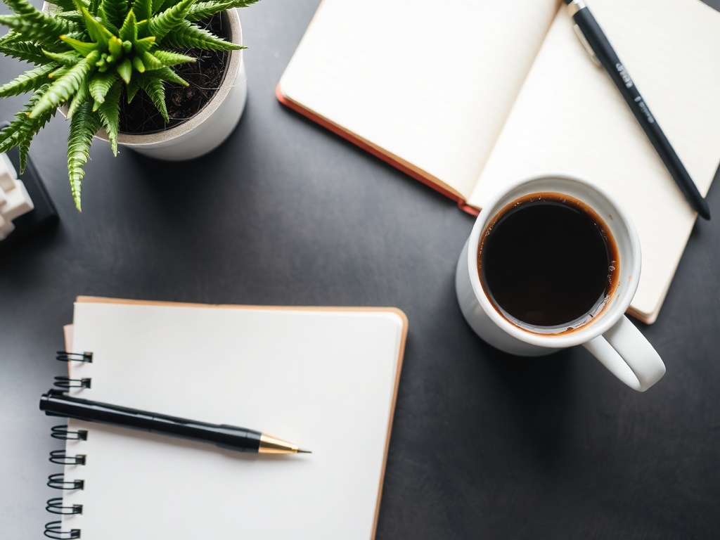 a cozy workspace with a cup of coffee, a notebook, and a pen on a desk