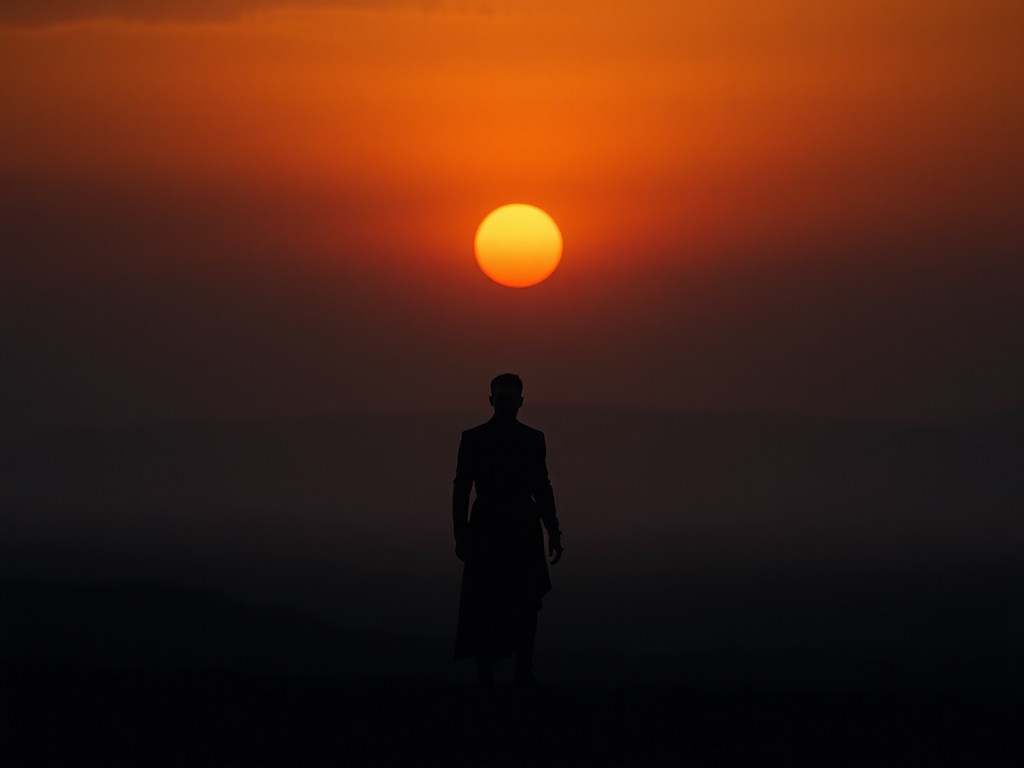 a lone character standing in a tense moment at dawn, cinematic lighting, subtle conflict in posture