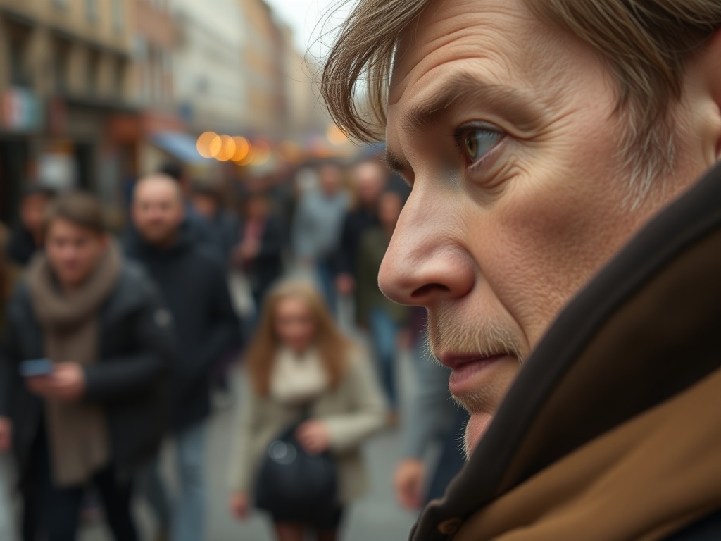 close-up of a writer observing a busy street, blurred crowd, sharp focus on thoughtful eyes
