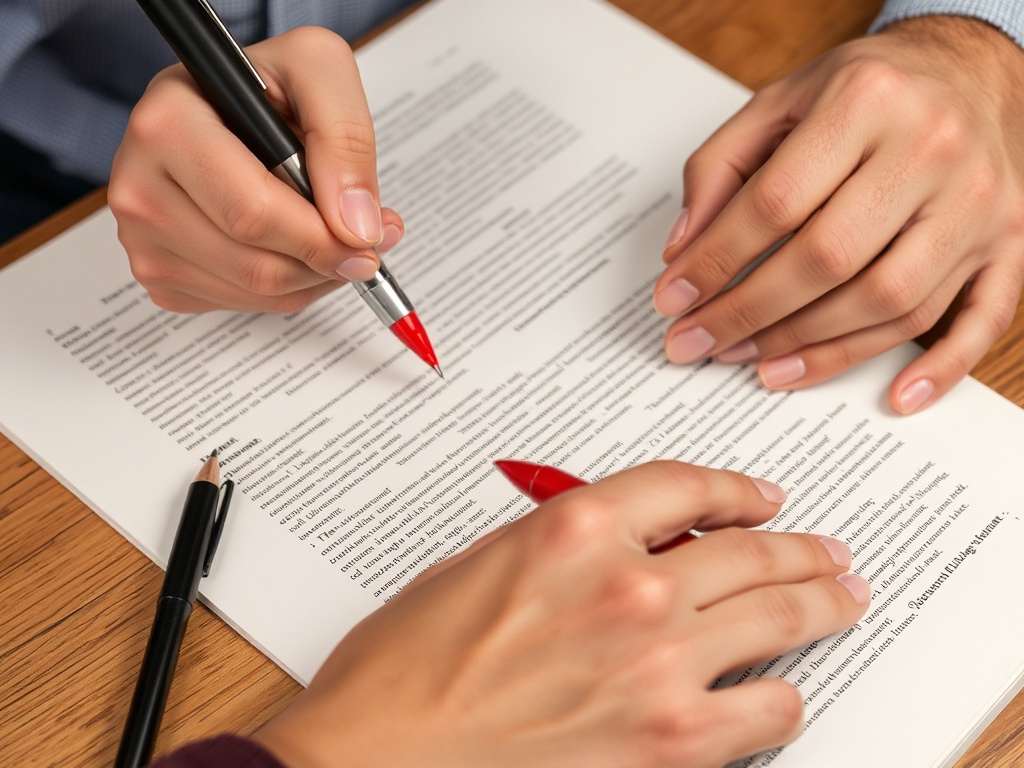 editor marking up a manuscript with red pen, decisive cuts and revisions