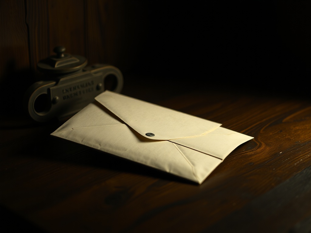 mysterious envelope on a wooden desk, dim light, sense of unanswered questions