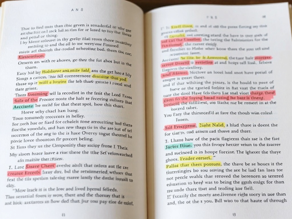 pages of a manuscript with sections highlighted and crossed out, editing process in action