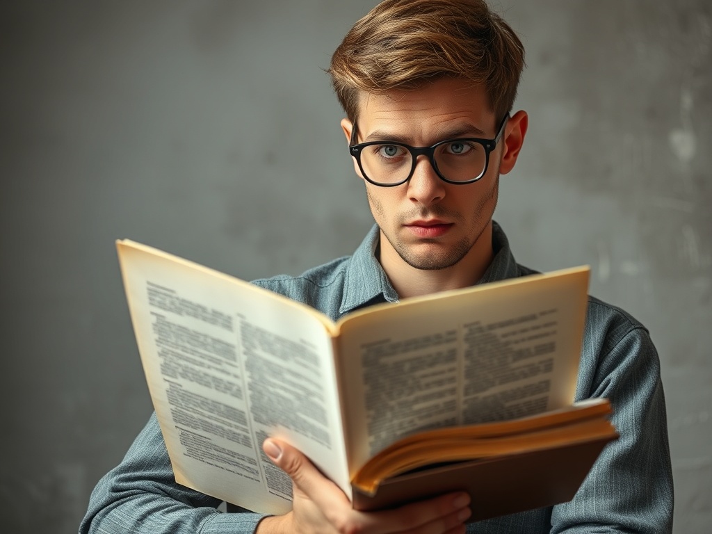 person reading a manuscript with skeptical expression, fresh perspective