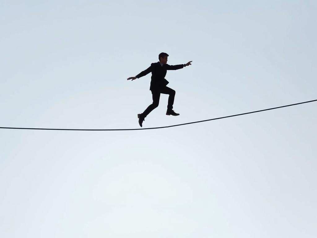tightrope walker balancing mid-step, metaphor for tension and momentum