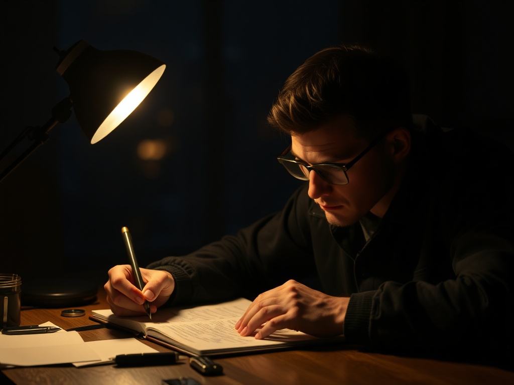 writer revising opening lines late at night, focused and determined atmosphere