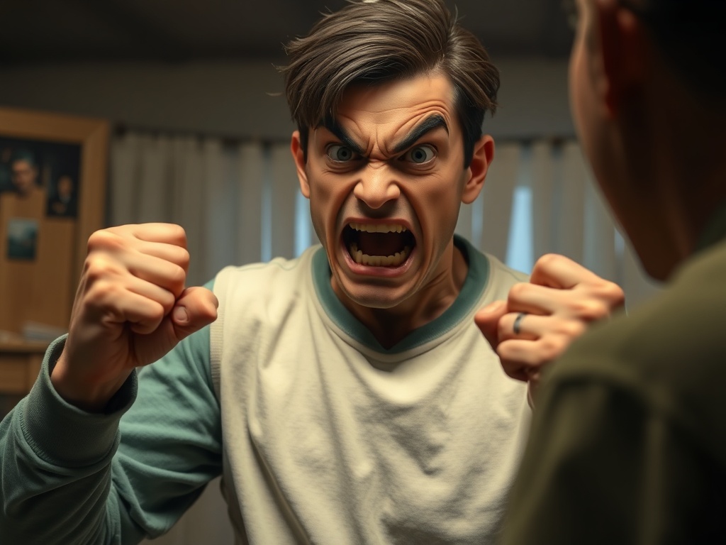 A scene with an angry character clenching fists in frustration