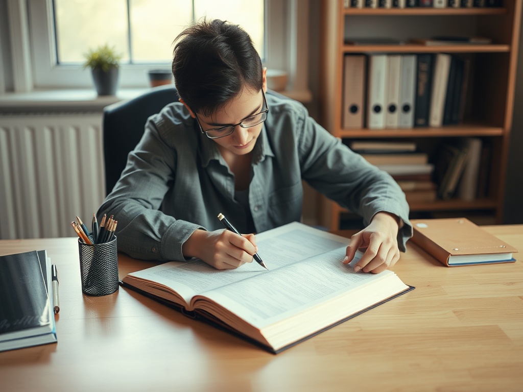 A writer revising their manuscript at a desk