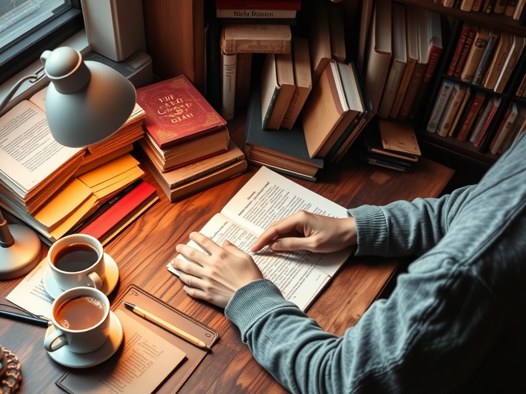 A writer typing at a desk surrounded by books and coffee