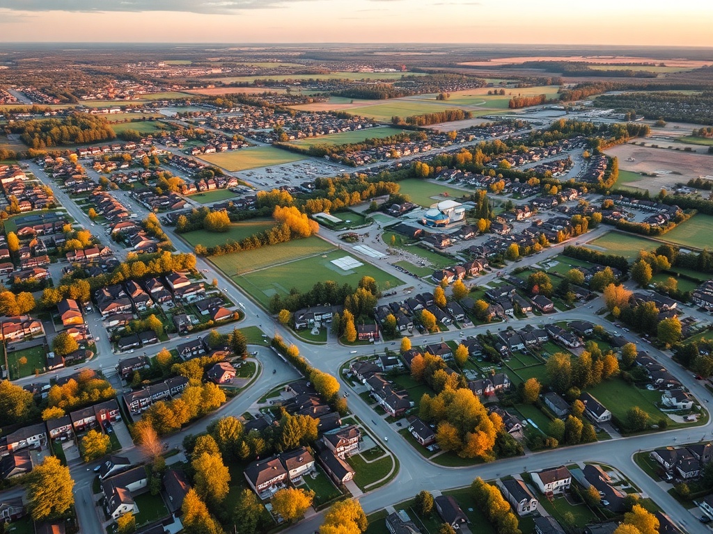 aerial view of Stouffville Ontario neighborhoods with suburban homes, green spaces, and small town downtown core during golden hour