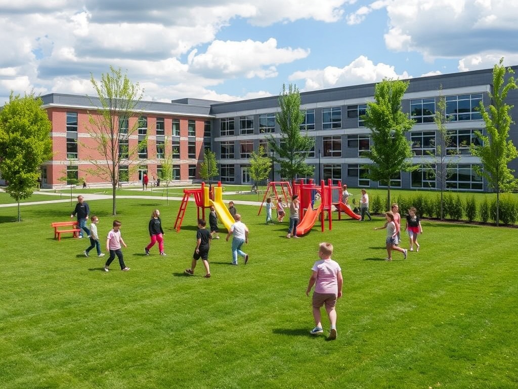 children playing in a suburban school playground in Stouffville with modern school building and green space