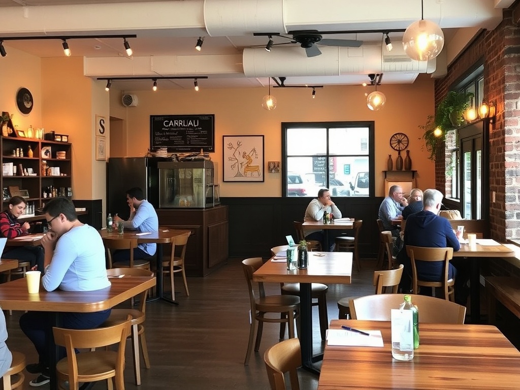 cozy independent coffee shop in Stouffville with warm lighting, wooden tables, and people working or chatting