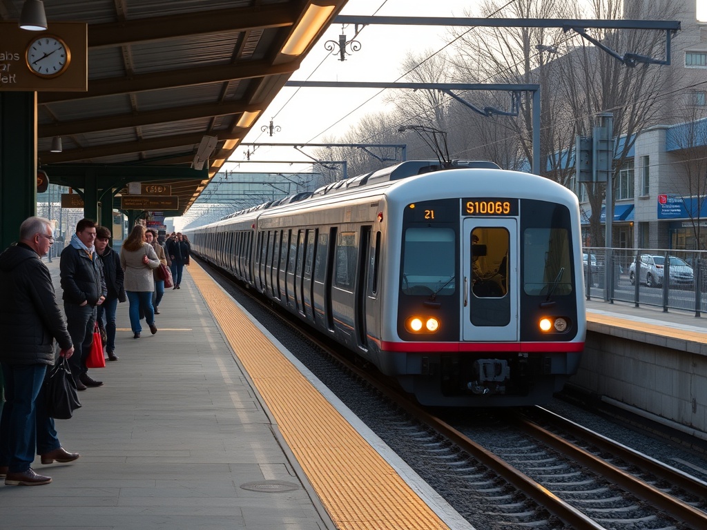 GO train arriving at Stouffville station with commuters boarding during morning rush hour