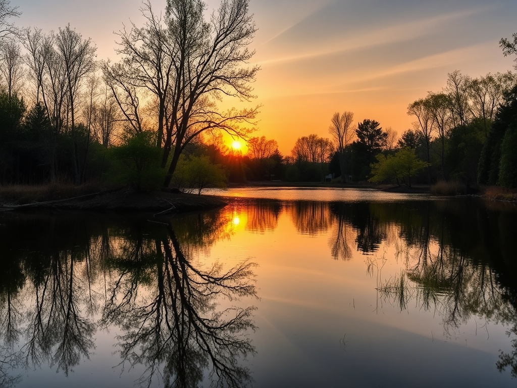 hidden scenic pond or quiet nature spot in Stouffville surrounded by trees and calm water at sunset
