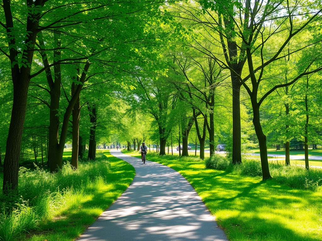 lush green park trail in Stouffville with trees, walking path, cyclists, and sunlight filtering through leaves