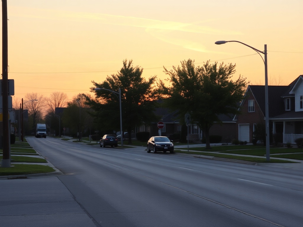 peaceful suburban street in Stouffville at sunset with warm lighting and calm atmosphere