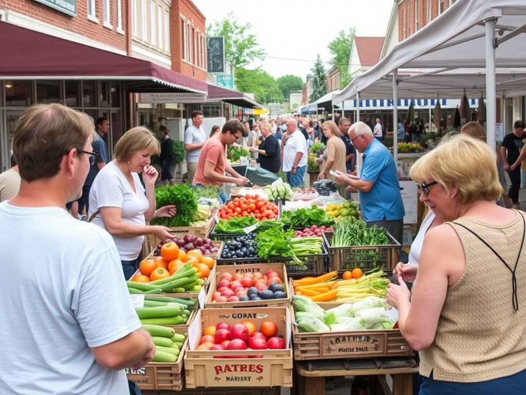people enjoying a small town farmers market in Stouffville with fresh produce, local vendors, and relaxed community atmosphere