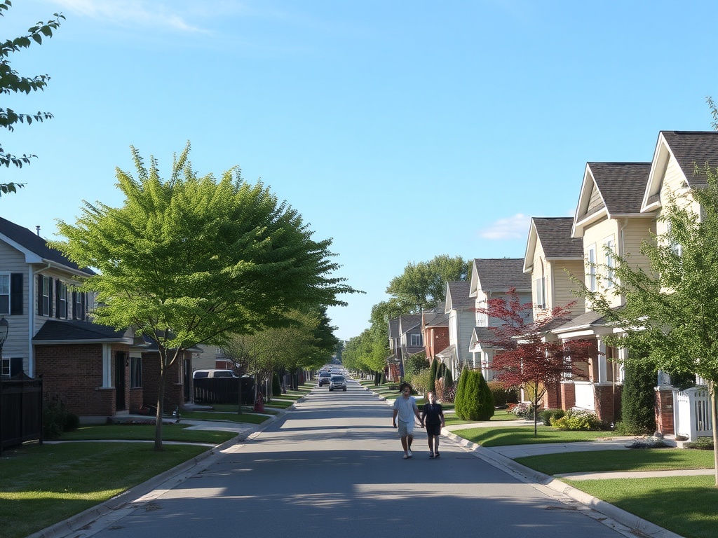 quiet residential street in Stouffville with detached homes, trees, sidewalks, and families walking in summer