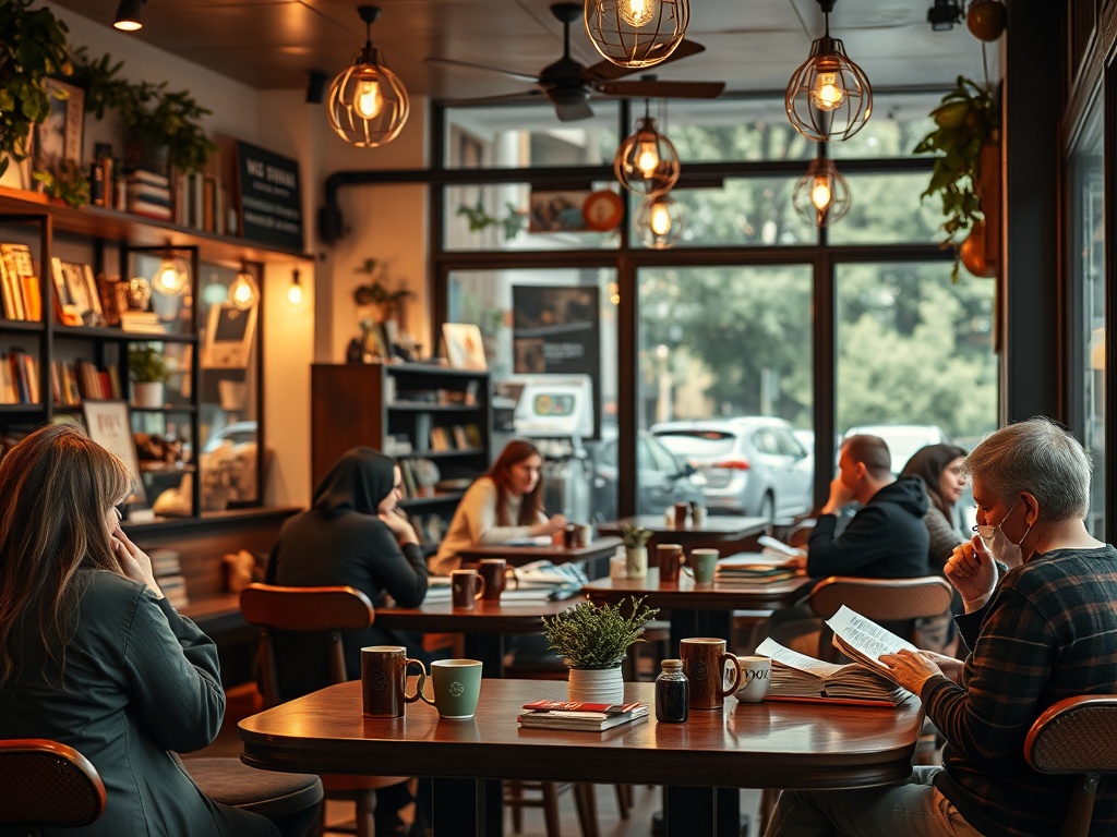 A cozy coffee shop with people enjoying drinks and reading books