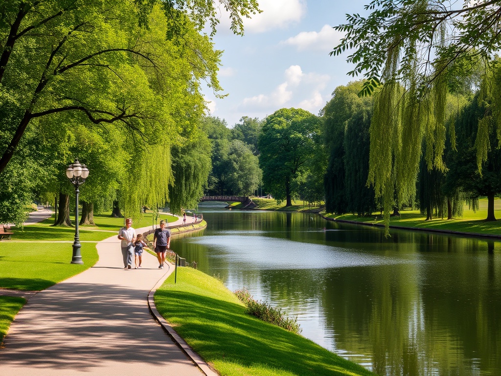 A lush green park with people walking and fishing by a serene lake