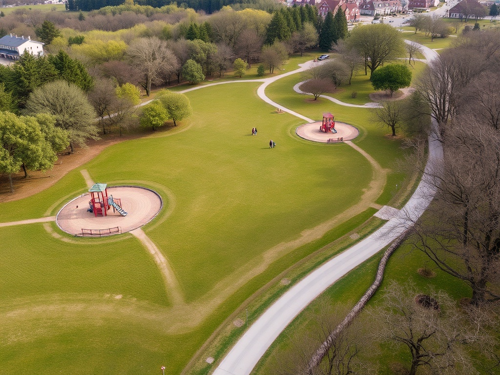 A park with large green areas, playgrounds, and a peaceful walking trail surrounded by trees