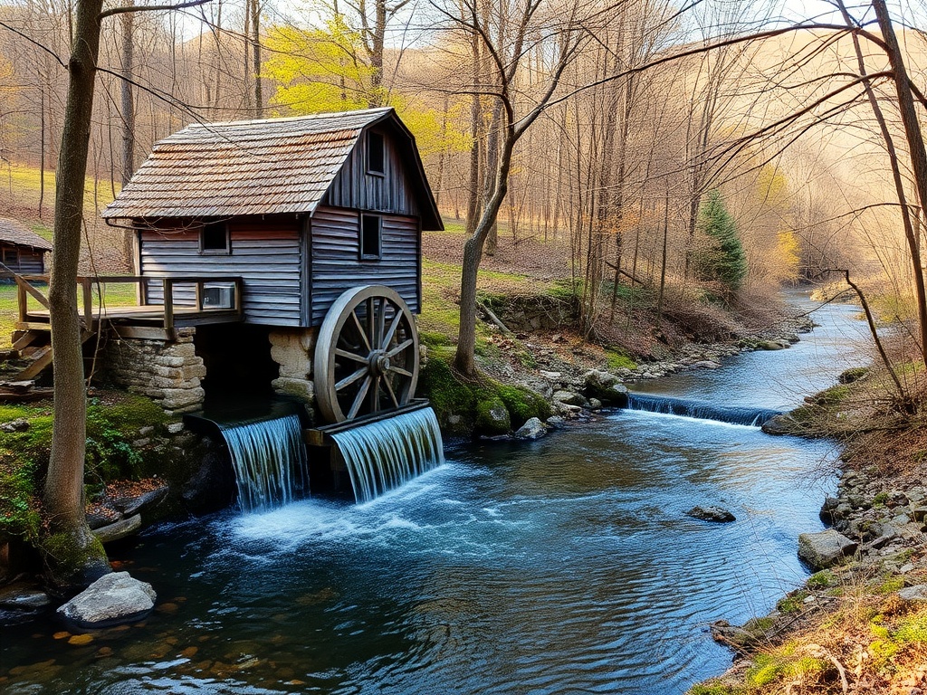 A rustic water mill beside a serene stream surrounded by trees and nature
