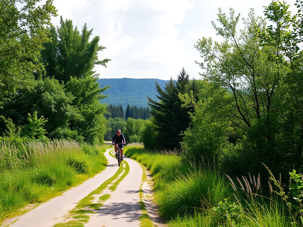 A scenic trail through lush greenery with cyclists riding by