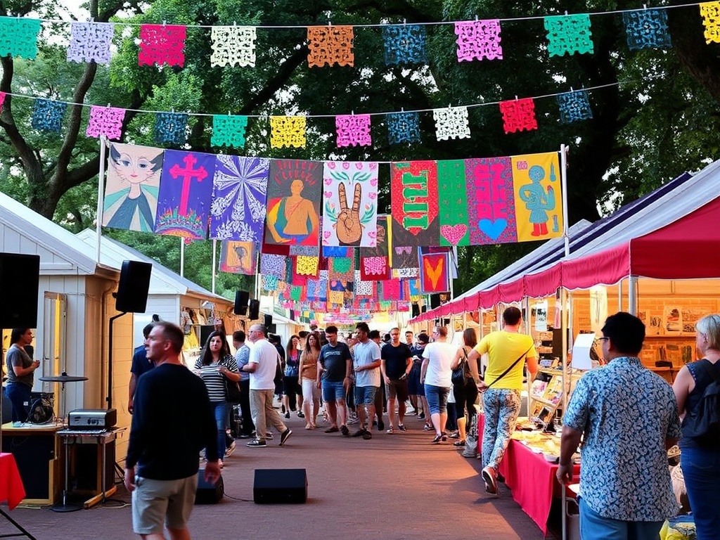 A vibrant arts and culture festival with music, art displays, and food stalls