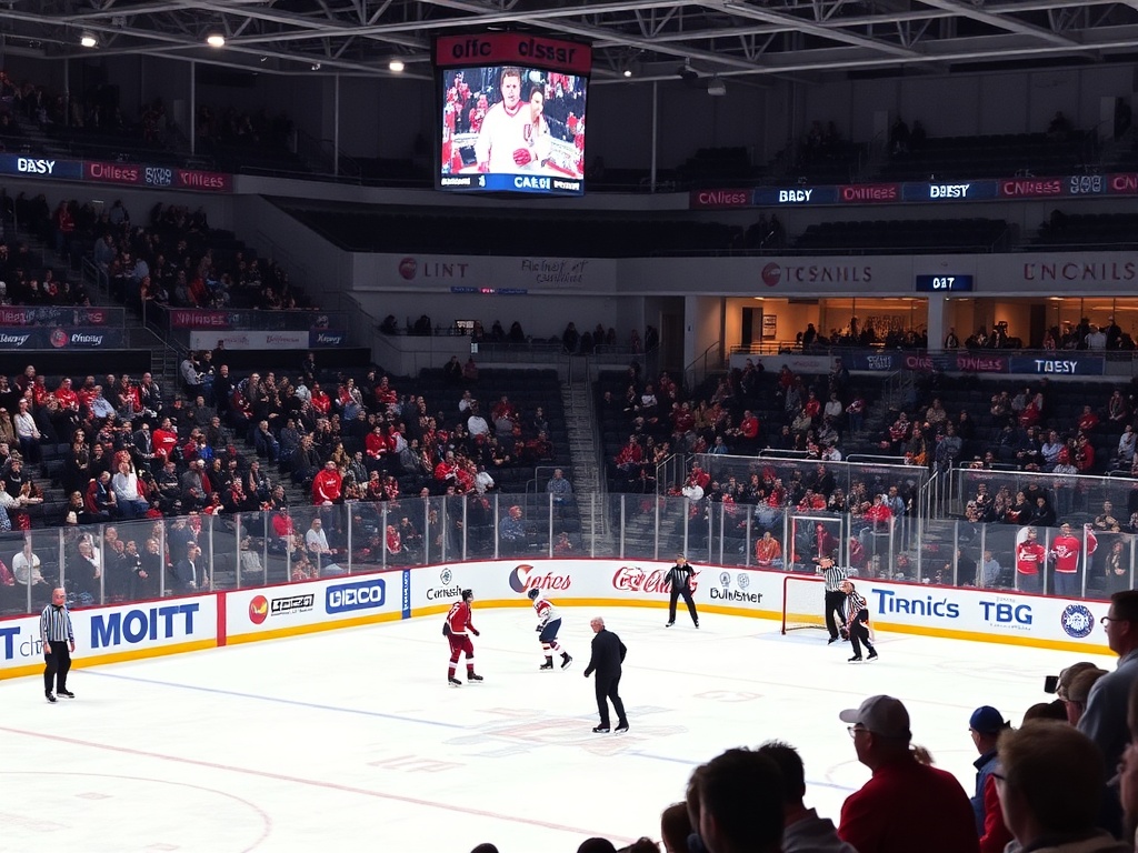 An ice rink with players skating and an enthusiastic crowd cheering